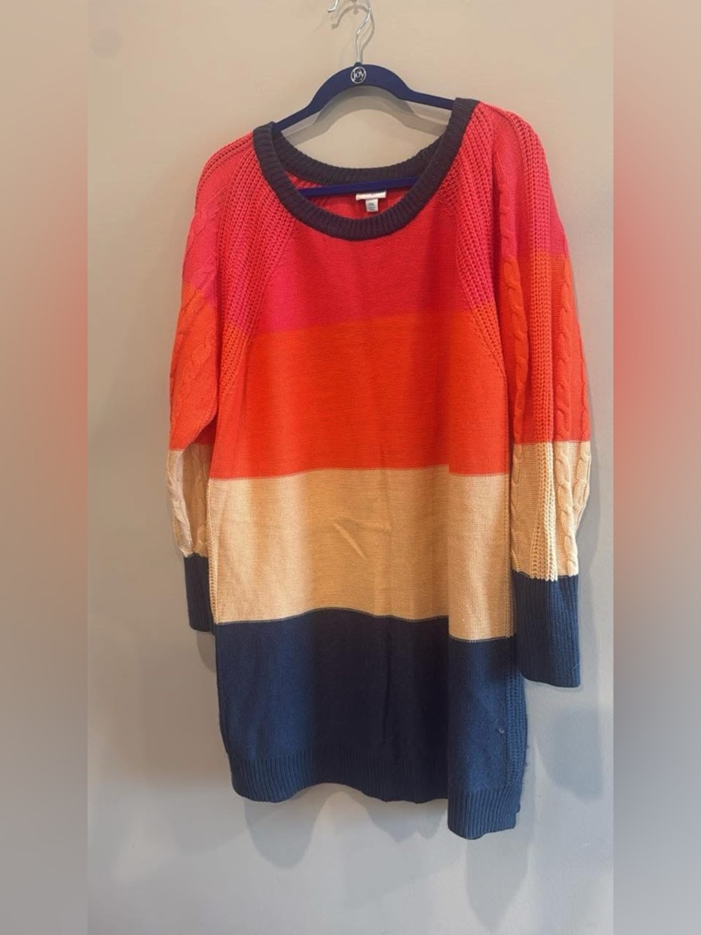 Colorblock Crewneck Sweater - Pink, Orange, Cream, Navy